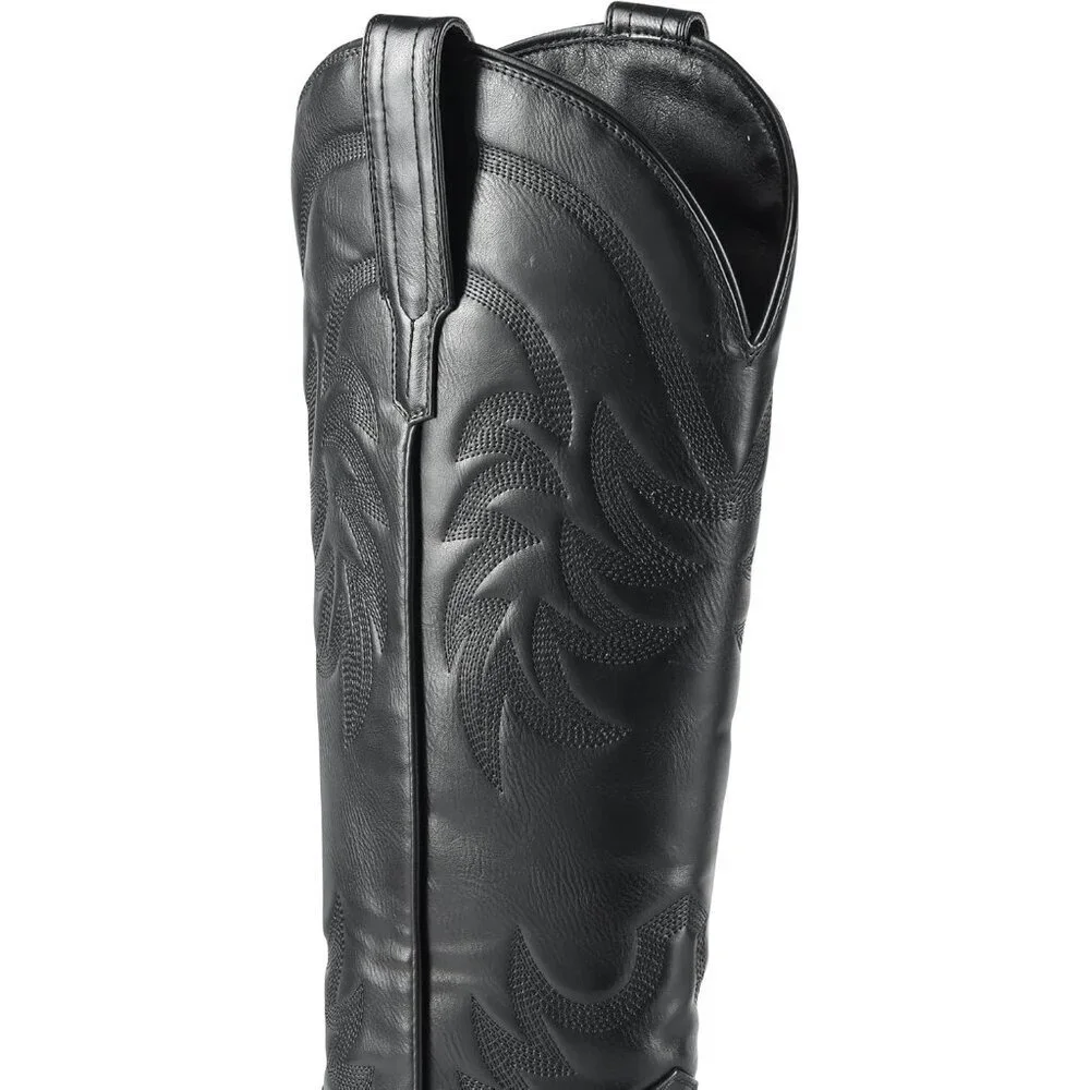 Women Pu Midnight Black Knee High Pointed Toe Block Heel Cowboy Western Boots - Picture 3 of 9